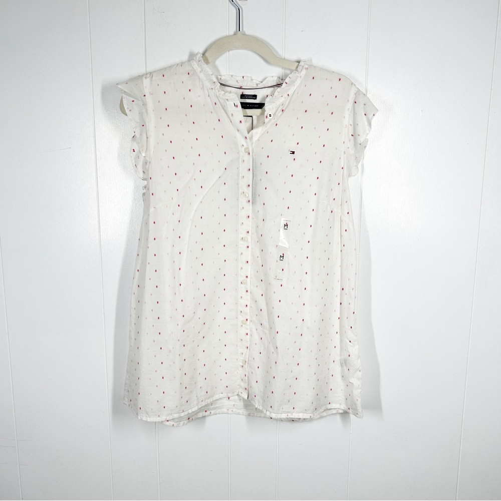 NEW Tommy Hilfiger White Pink Polka Dot Cap Sleeve Blouse Medium